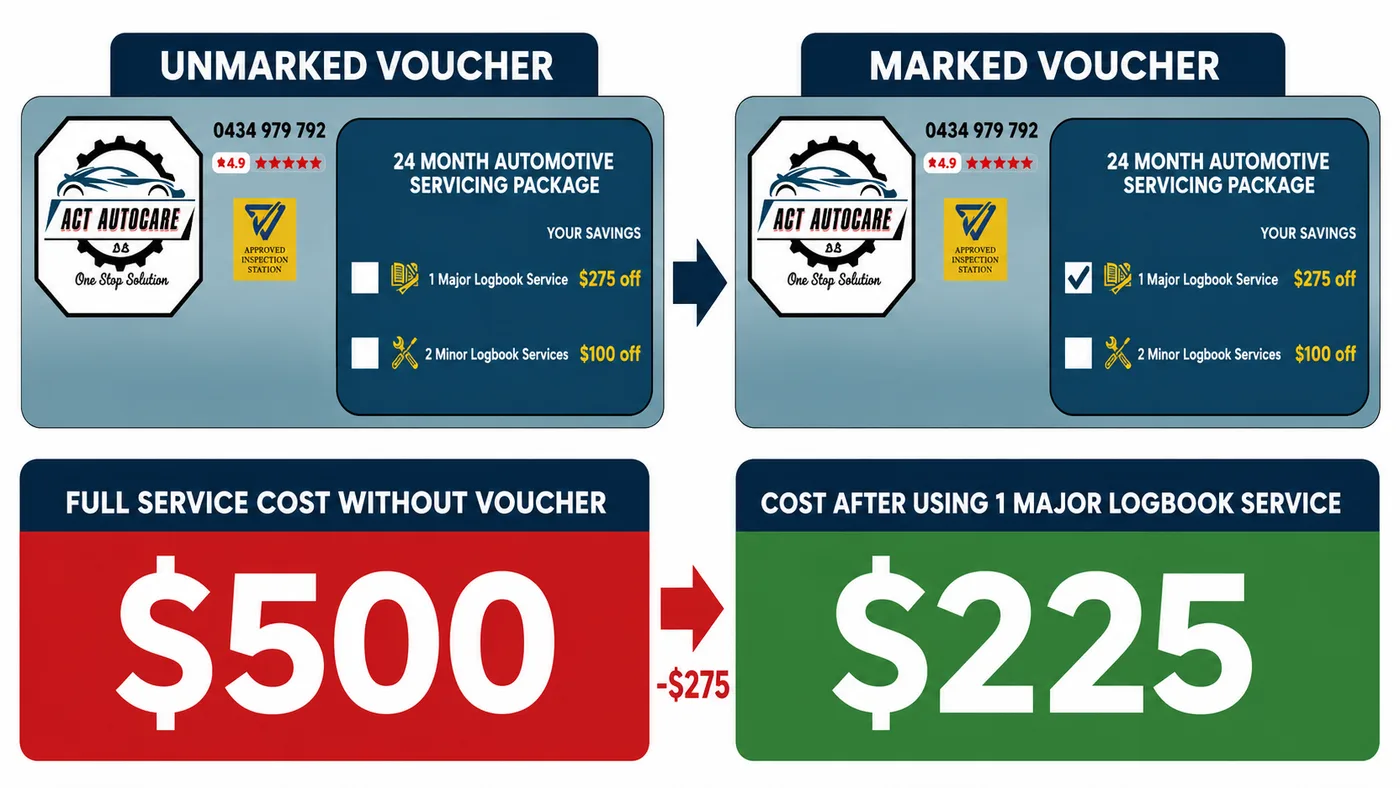 An ACT Autocare voucher example. Using the Major Logbook Service marks off a $275 labour saving, taking a $500 service down to $225.